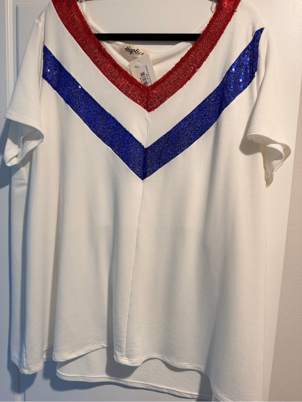 Haptics White V-Neck Tee with Red & Blue Sequin Trim